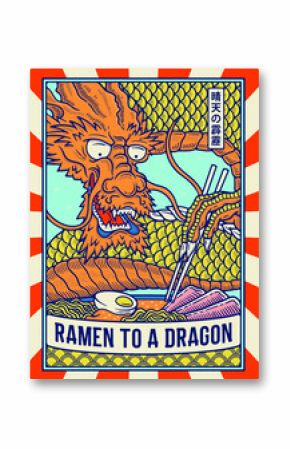 Ramen to a dragon Ink outline sketch is a vector illustration about a Japanese dragon eating Ramen. The Kanji letters on the top right mean 'thunderclap from a clear sky'.