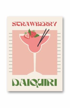 Strawberry daiquiri. Retro posters with alcohol cocktails. 90s 80s 70s groovy posters. Modern trendy print. Drink with fruit and ice. Flat cocktails with decorative elements. Vector illustration
