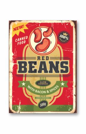 Canned food vintage tin sign design on old rusty texture. Red beans cooked with bacon and spices retro decorative poster graphic. Vector food label or package illustration for grocery product.