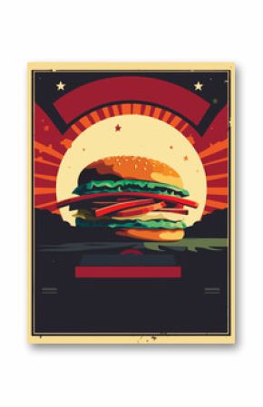 Hamburger poster. Old style poster art. Big burger on retro style. Fast food menu vector cover design. Space for text.