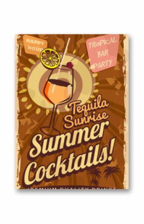 Tequila Cocktail Retro poster. Cocktail lounge vintage sign,