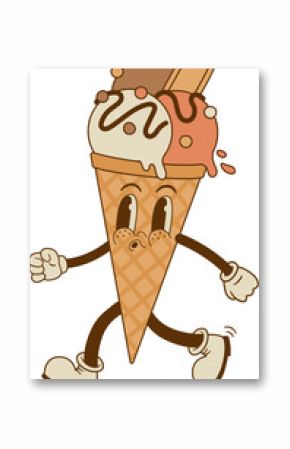 Retro cartoon Ice cream cone character in groove style. Vector illustration. Vintage sweet frozen food mascot. Nostalgia 70s, 80s