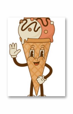 Retro cartoon Ice cream cone character. Vector illustration. Vintage sweet food mascot. Nostalgia 60s, 70s, 80s