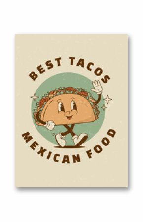 Retro cartoon funny taco character poster. Vintage mexican street food mascot vector illustration. Nostalgia 60s, 70s, 80s