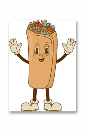 Retro cartoon funny burritos characters. Vintage taco, doner kebab, pita mascot vector illustration. Nostalgia 60, 70s, 80s