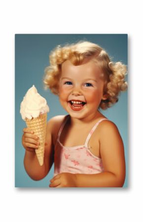 Minimalistic retro postcard of happy smiling child with ice cream and curved hair on blue background