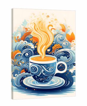 Whimsical colorful playful abstract artistic floral coffee cup cappuccino doodle retro vintage style wall art decor poster