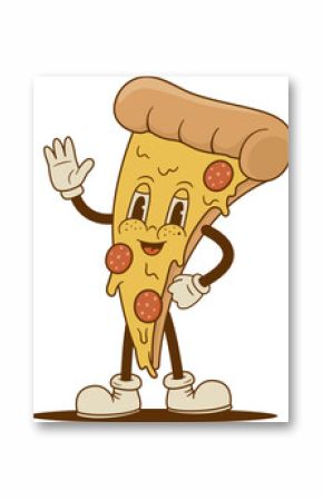 Cartoon pizza slice character in retro groove style. Pizzeria mascot for cafe, restaurant. Vector illustration. Nostalgia 60s, 70s, 80s