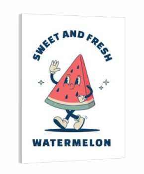 Retro cartoon watermelon character for packaging, print, poster. Vintage tropical fruit mascot Vector illustration.
