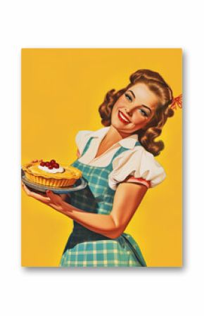 Minimalistic retro 1950's postcard of smiling woman housewife in blue dress with pie in her hands
