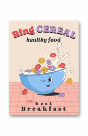 Poster, packaging design of fruit flakes for children's breakfast. Colorful crispy rings floating in milk.Vector illustration in a cute retro style.
