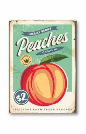 Retro advertising poster for delicious peaches. Fruit market vintage tin sign. Food vector illustration.