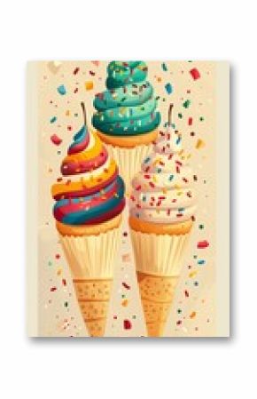 Three colorful ice cream cones with sprinkles illustration, retro-style dessert poster design, sweet food concept