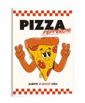 Poster with a cool pizza character in the trending retro groovy style. Pepperoni pizza, always a good idea.