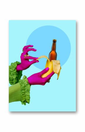 Brown beer bottle and a peeled banana held by brightly colored hands against a light blue background. Contemporary art collage. Concept of alcohol drink, surrealism, celebration, creativity