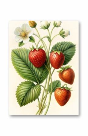 A detailed botanical illustration of strawberries and white blossoms with lush green leaves in a vintage style. Ideal for botanical prints, kitchen decor, and educational materials.