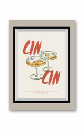Minimal hand drawn vector cocktail illustration with aesthetic quote in a poster frame. Matisse style illustrations. 