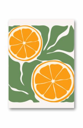 Abstract orange poster. Trendy citrus fruits design for wall prints and other purposes. Retro groovy oranges and leaves vector illustration.