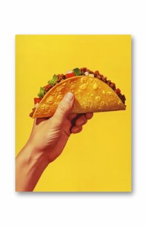 A hand holding an open taco against a bright yellow background, in the 90s advertising poster style, in the magazine ad style, with a retro vibe, using vintage colors, for a food advertisement