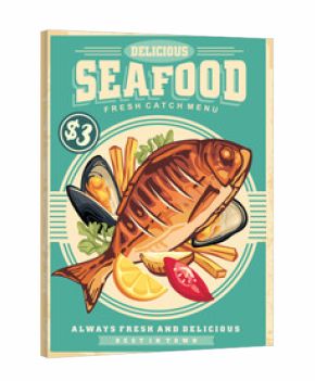 Seafood restaurant menu poster with delicious grilled fish and mussels. Food menu vector illustration.