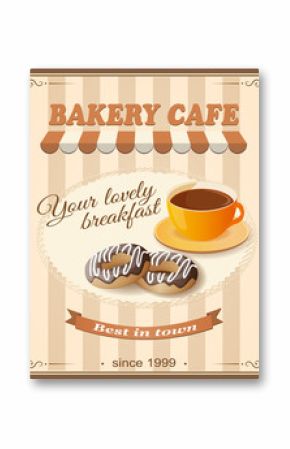 banner for bakery cafe with cup of coffee and donuts