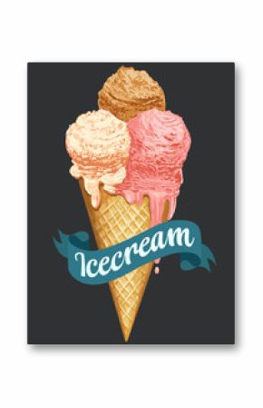 Ice cream balls waffle cone isolated on green photo-realistic