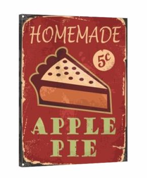 Apple pie old poster design with piece of homemade cake on vintage red background
