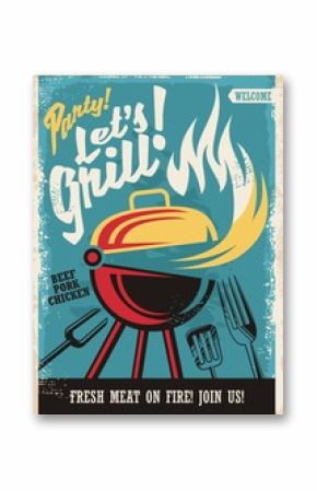 Barbecue grill party poster template. Retro poster design with grill appliance and grilled meat food on fire. Fast food advertisement.