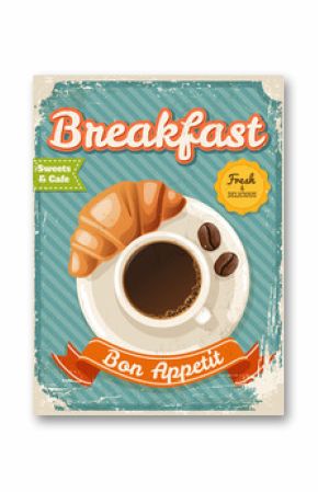 Vector coffee breakfast poster in vintage style with typography elements