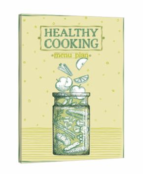 Healthy cooking menu plan, graphic illustration with fruits and vegetables in a glass jar