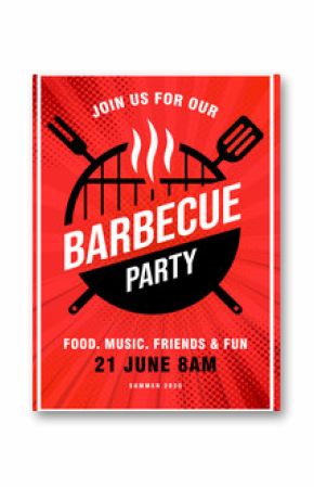 Lovely vector barbecue party invitation design template. Trendy BBQ cookout poster design with classic charcoal grill, fork, cooking paddle and sample text.