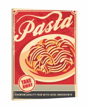 Pasta retro poster. Vintage sign design with spaghetti dish on old paper texture. Food vector flyer layout.
