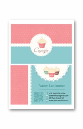 Cupcakes. Business card in retro style. Template with lace for bakery or cafe