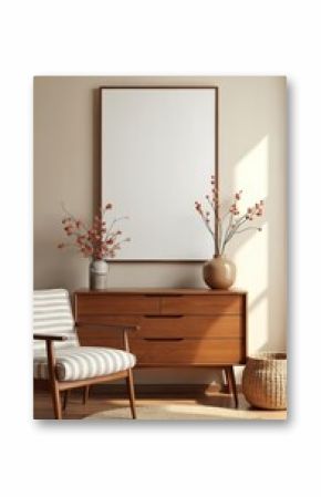 Modern living room interior with mockup poster frame on the wall. Wooden retro commode, chair, etno basket with flower and elegant accessories. Japandi style. Template for home staging.