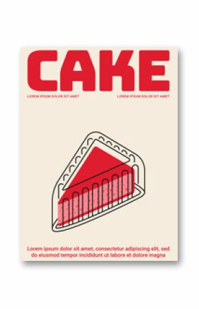 Minimal cake poster with bold red text and stylized dessert slice illustration in retro design.