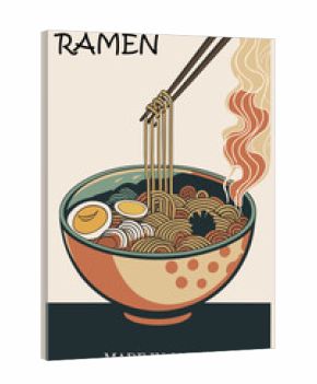 Retro food poster with traditional Japanese noodle soup Ramen. Cafe, restaurant wall art, vintage ads. Colorful vector illustration in mid century modern style 