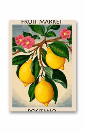 Fruit market Positano retro poster with lemon fruist. Kitchen wall art. Colorful vector illustration 