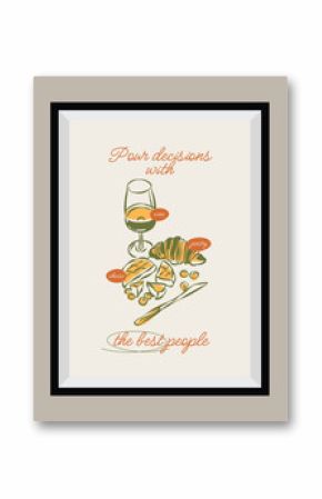 Sketch style la dolce vita illustration with an aesthetic quote in a poster frame. Food and drinks doodles.