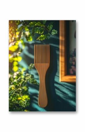 Vintage wooden comb on the wall and industrial wall lamp