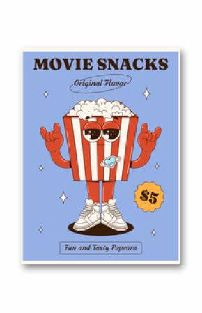 Retro poster featuring a character in the form of a popcorn box in groovy style. Cinema snack. Funny popcorn with eyes, legs, and arms in the background. Vector illustration on the cinema theme