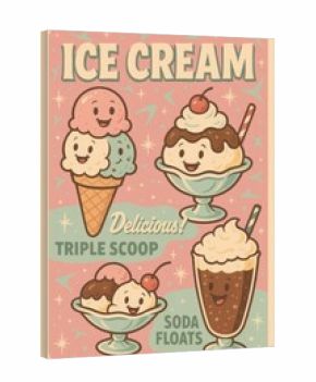 Retro 1960s Ice Cream Poster with Cute Cartoon Characters - Triple Scoop Cone, Sundaes, Soda Floats, Pastel Colors, Vintage Dessert Art, Mid-Century Diner Style