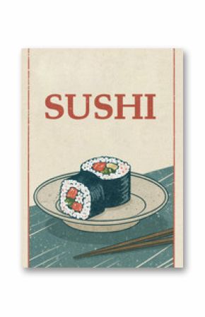 sushi on a plate, vintage old minimalist art japanese food poster