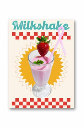Retro art collage. Pink strawberry milkshake in tall glass with fresh mint leaves, strawberry topping and looped straw on yellow background. Concept of street food, snack, refreshment, sweet treat.