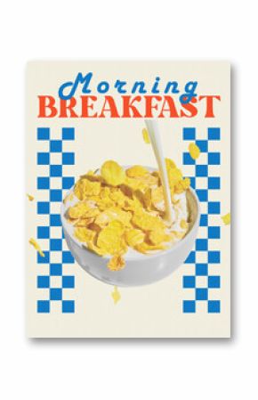 Retro art design. Bowl of golden cornflakes with white milk splash on striped comic-style background and bold morning headline. Concept of breakfast, corn cereal, dairy snack, morning energy.