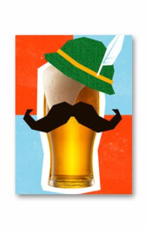 Bold colorful poster of glass of golden beer decorated with green Bavarian hat and black mustache on red and blue retro pixel background. Concept of folk, Oktoberfest, beer celebration, retro pixel