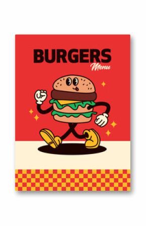 Retro Style Burger Guy Poster. Vector Illustration of Old Fashion Vintage Cartoon Happy Concept. Street Food Menu.