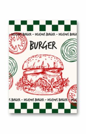 Burger poster design in retro style. Outline sketch illustration with typography text. Hamburger, burger drawing, fast food hand-drawn vector clipart isolated