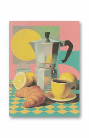 Playful retro poster with moka pot, lemons, croissants, coffee cup and pastel checkerboard background.