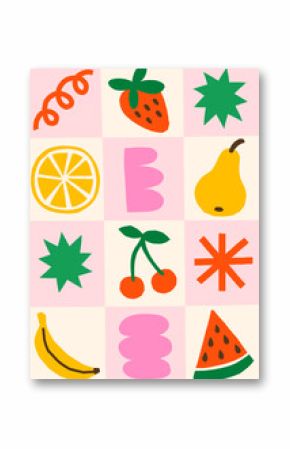 Summer tropical exotic fruits vector illustration. Bold bright poster design with strawberry, pear, lemon, cherry, banana, watermelon, abstract shapes