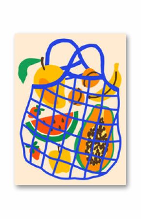 Summer tropical exotic fruits vector illustration. Bold bright poster design with mango, watermelon, papaya in string bag